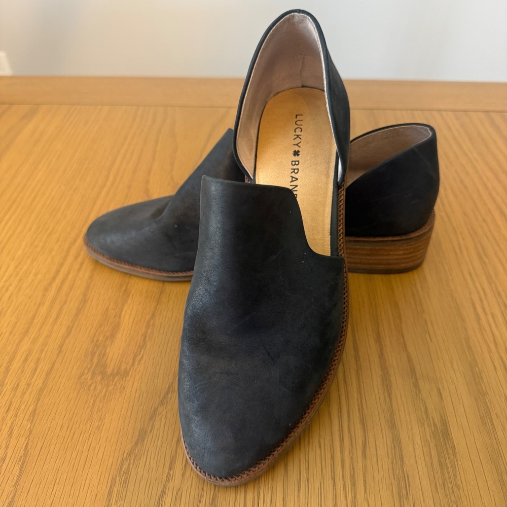 Lucky Brand Basel D'Orsay Flats Womens 8.5‎ Black Leather Block Heel Loafers